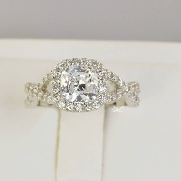 NEW WOMENS 925 STERLING HALO CUSHION ENGAGEMENT RINGS WEDDING RINGS DIAMOND - Picture 2 of 5